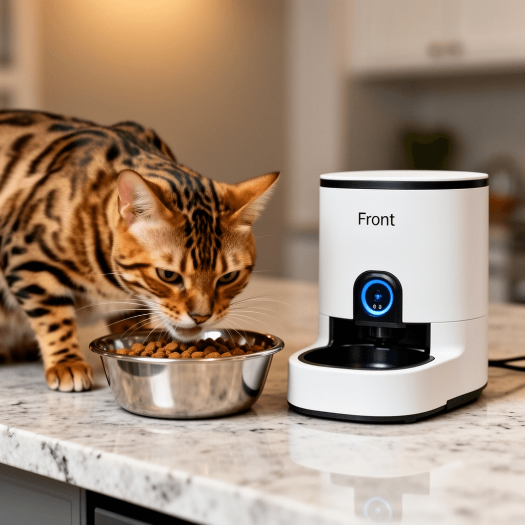 Front Cover for Automatic Microchip Cat Pet Feeder - with cat - professional product lifestyle photo