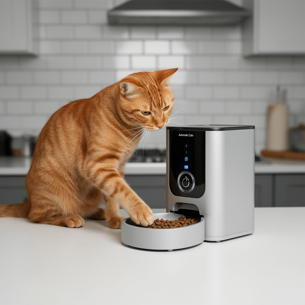 Automatic Cat Feeder with RFID Collar Sensor with cat - professional product lifestyle photo