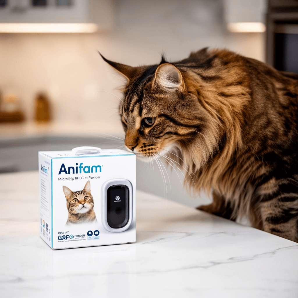 Anifam Microchip RFID Cat Feeder with cat - professional product lifestyle photo
