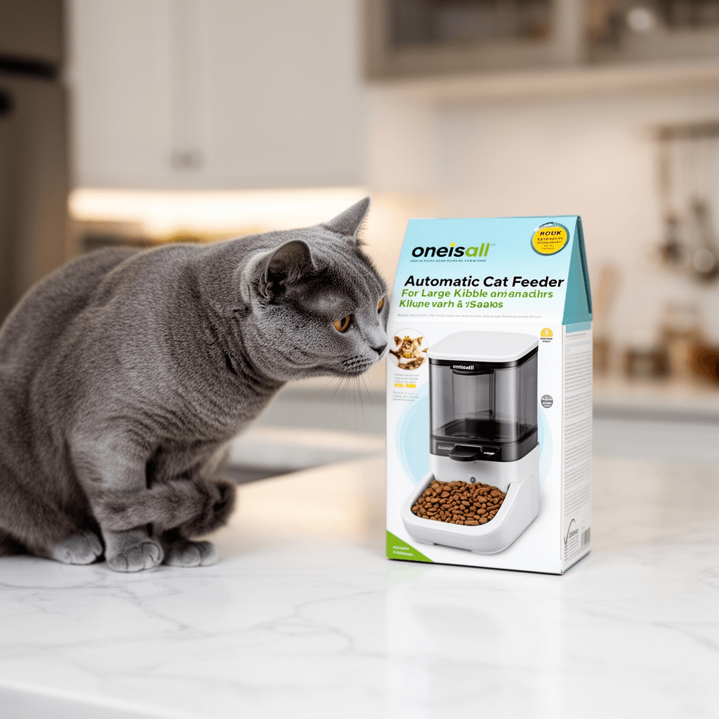 oneisall Automatic Cat Feeder for Large Kibble and Snacks with cat - professional product lifestyle photo