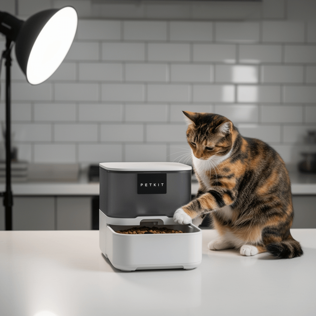 PETKIT Automatic Cat Feeder with cat - professional product lifestyle photo