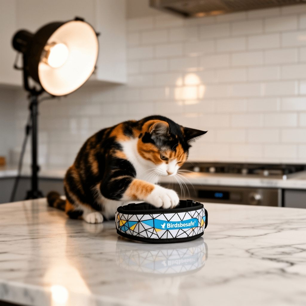 Birdsbesafe® Geodelic Cat Collar Cover for Birds - Bird with cat - professional product lifestyle photo