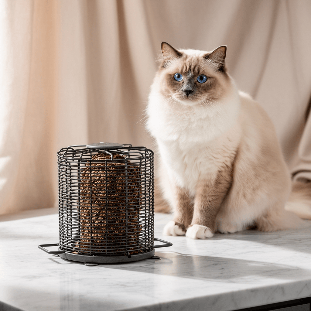 Heritage Farms Cattail Wire Mesh Bird Staked Feeder Model with cat - professional product lifestyle photo