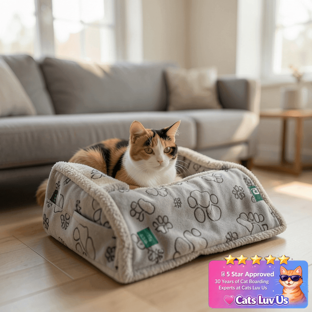 Qeils Dog & Cat Blankets - Waterproof Washable - Sherpa with cat - professional product lifestyle photo