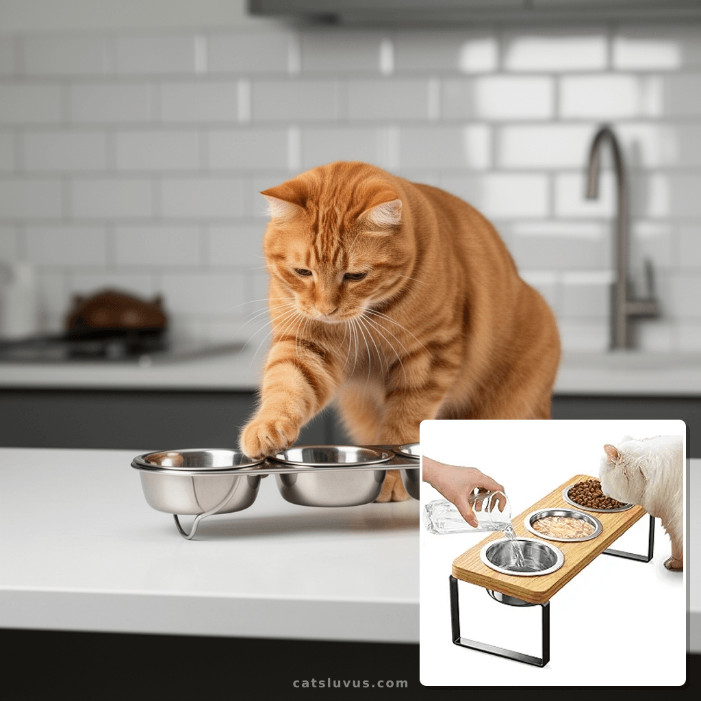 Elevated Cat Bowls for Food and Water - Loplurea 15° Tilted  with cat - professional product lifestyle photo