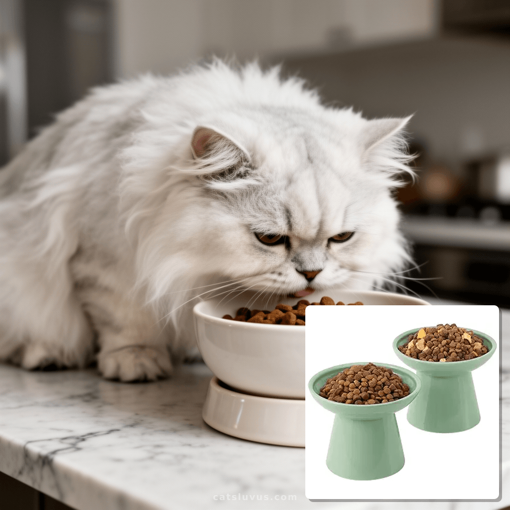 Extra Wide Elevated Ceramic Cat Bowl with cat - professional product lifestyle photo