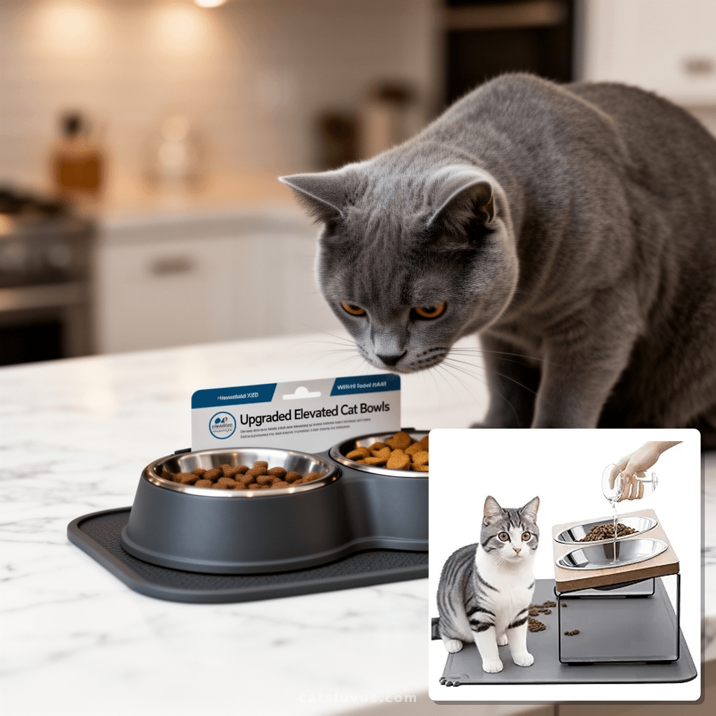 Upgraded Elevated Cat Bowls with Food Mat with cat - professional product lifestyle photo