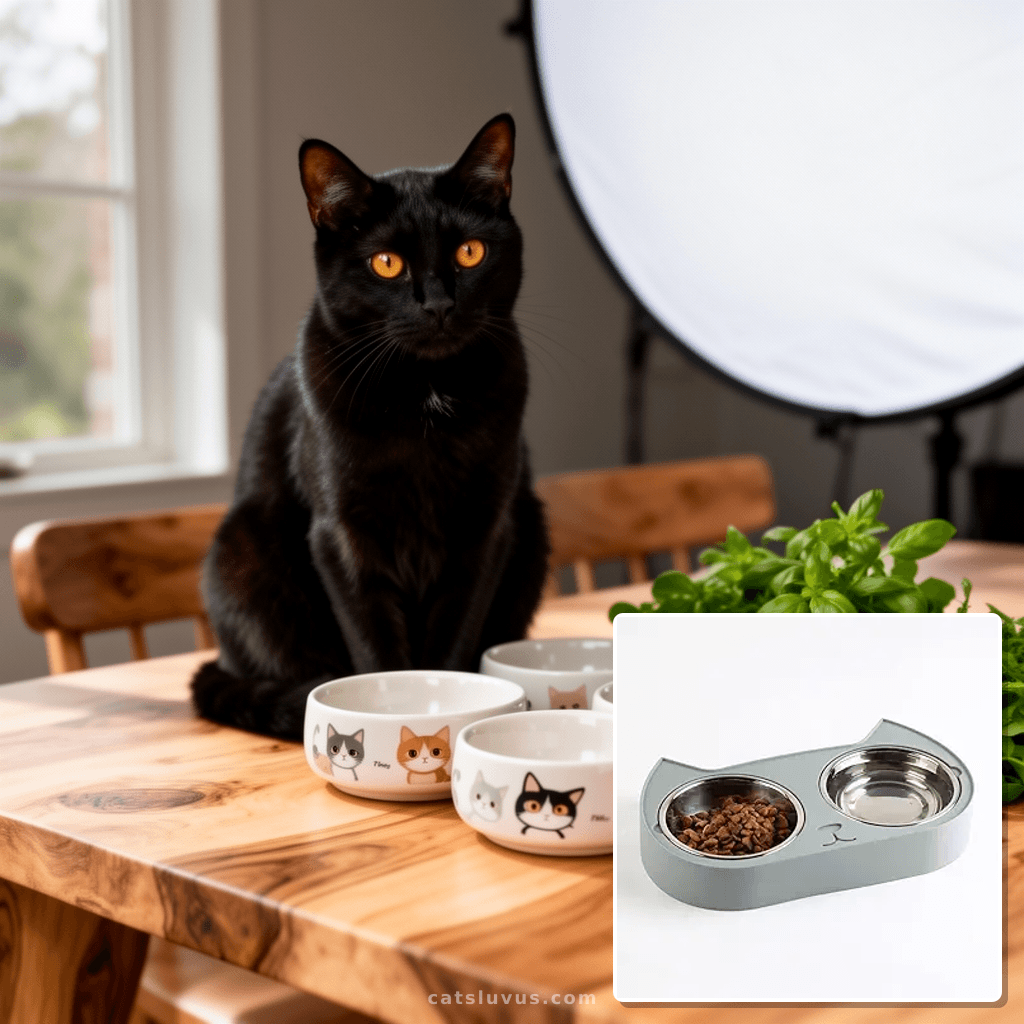 Stainless Steel Cat Bowls Set with Non-Slip Base - Double Ca with cat - professional product lifestyle photo