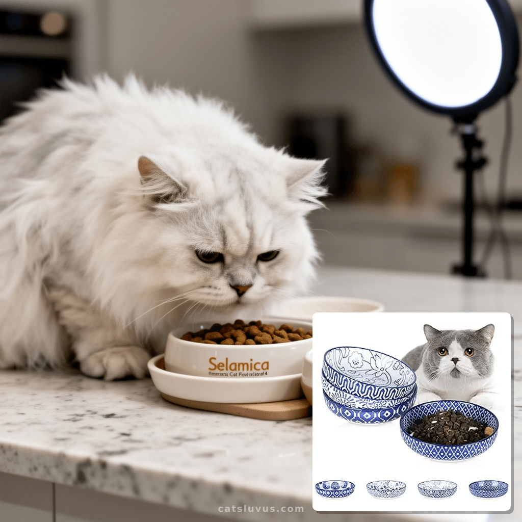 Selamica Ceramic Cat Food Bowl Set of 4 with cat - professional product lifestyle photo