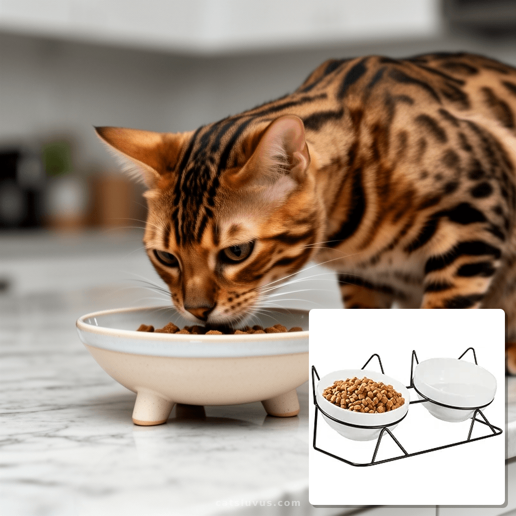 Elevated Tilted Cat Bowls for Indoor Cats，Raised Ceramic Cat with cat - professional product lifestyle photo