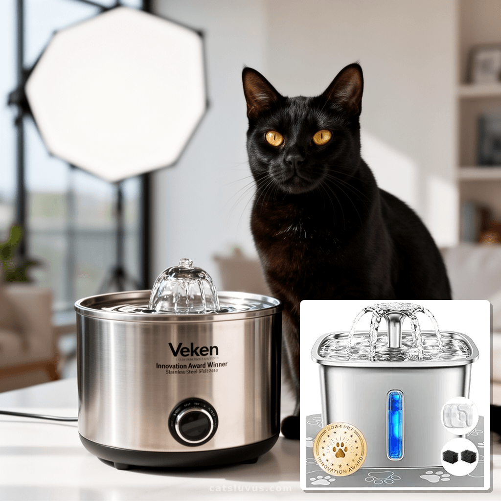 Veken Innovation Award Winner Stainless Steel Cat Water Foun with cat - professional product lifestyle photo