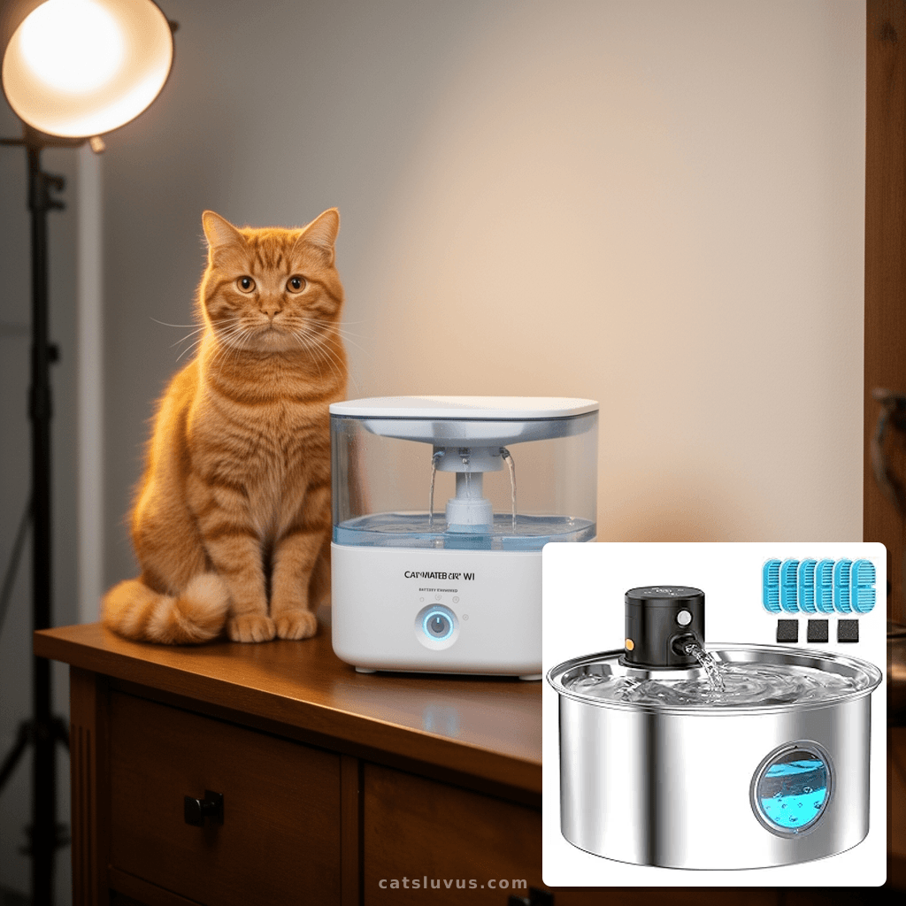 Cat Water Fountain Battery Powered: Cordless Cat Fountain Wi with cat - professional product lifestyle photo