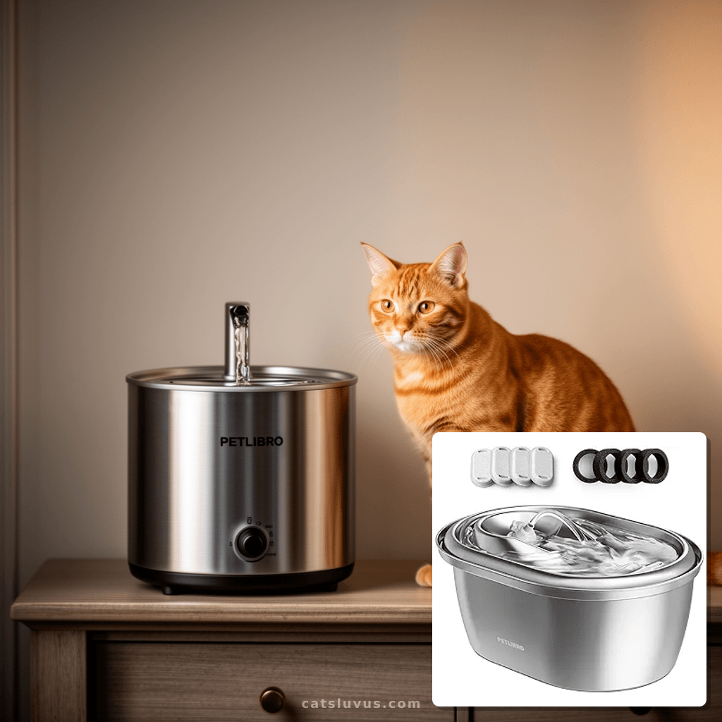 PETLIBRO Stainless Steel Cat Water Fountain with cat - professional product lifestyle photo