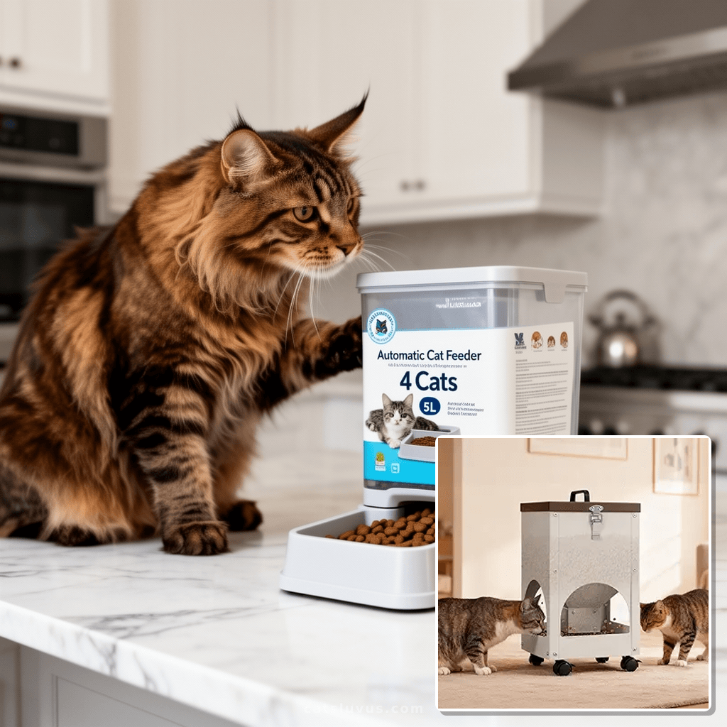 Automatic Cat Feeder for 4 Cats 5L Auto Cat Food Dispenser w with cat - professional product lifestyle photo