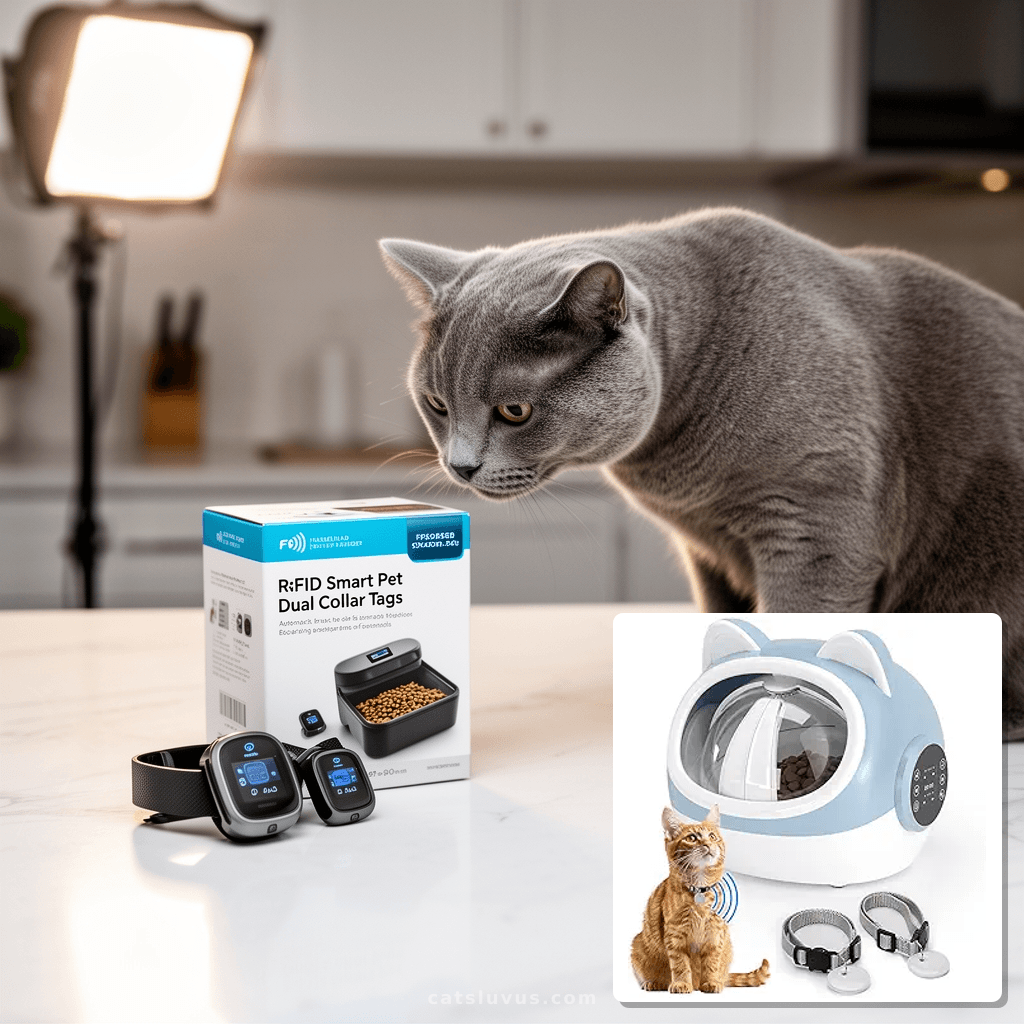 RFID Smart Pet Feeder with Dual Collar Tags – Automatic Food with cat - professional product lifestyle photo