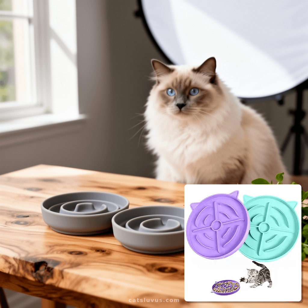 MateeyLife 2 Pcs Silicone Slow Feeder Cat Bowl with cat - professional product lifestyle photo
