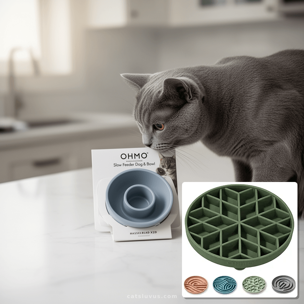 OHMO Slow Feeder Dog& Cat Bowl with cat - professional product lifestyle photo