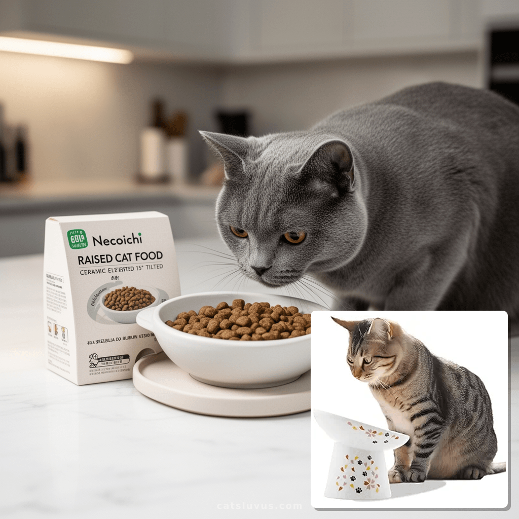 Necoichi Raised Cat Food Bowl – Ceramic Elevated 15° Tilted  with cat - professional product lifestyle photo