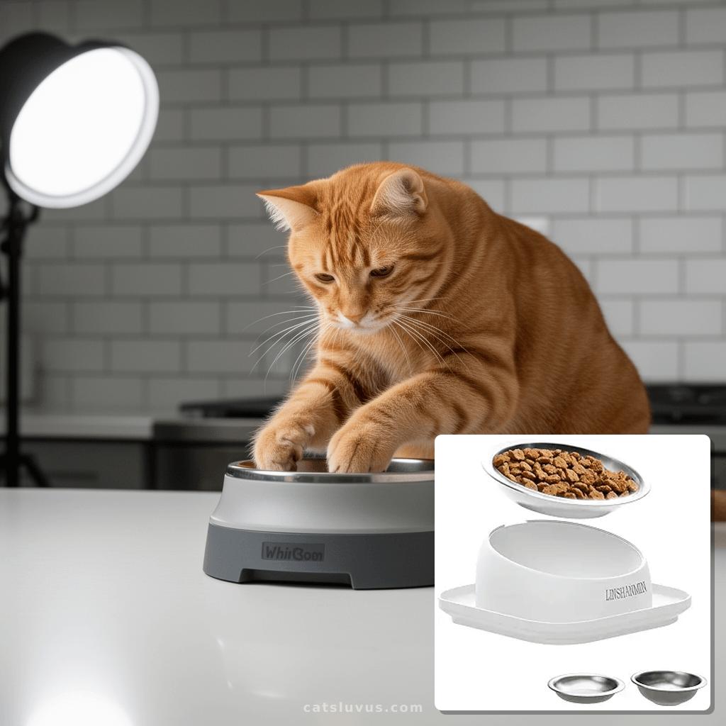 Cat Bowls Elevated Tilted Whisker Friendly with cat - professional product lifestyle photo
