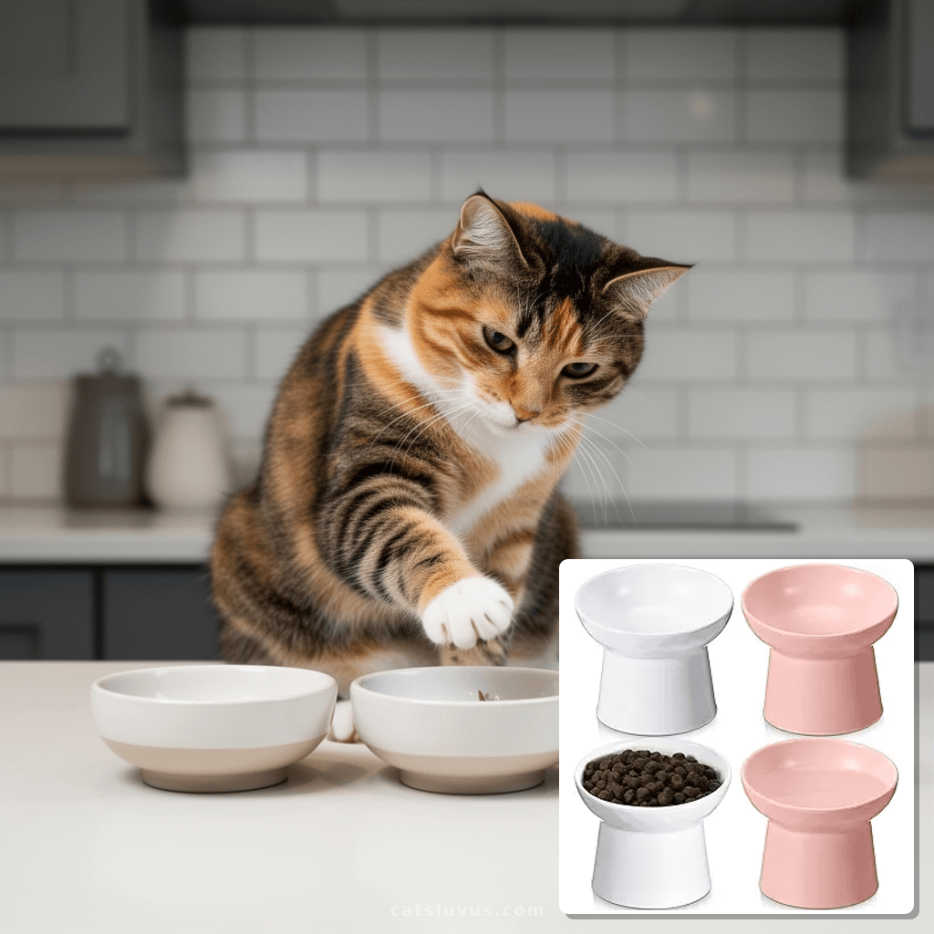 Tanlade 4 Pcs Ceramic Raised Cat Bowls with cat - professional product lifestyle photo