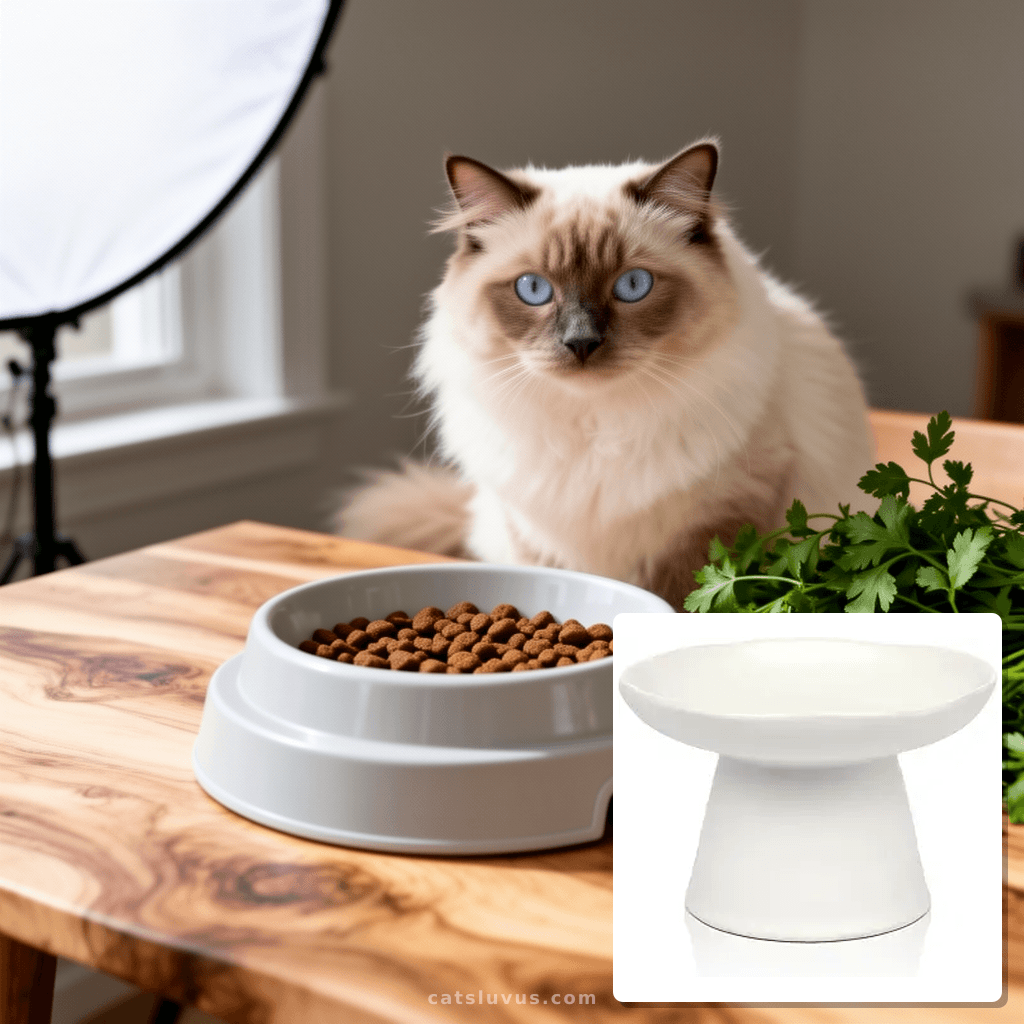 Extra Wide 6.1" Raised Cat Food Bowl with cat - professional product lifestyle photo