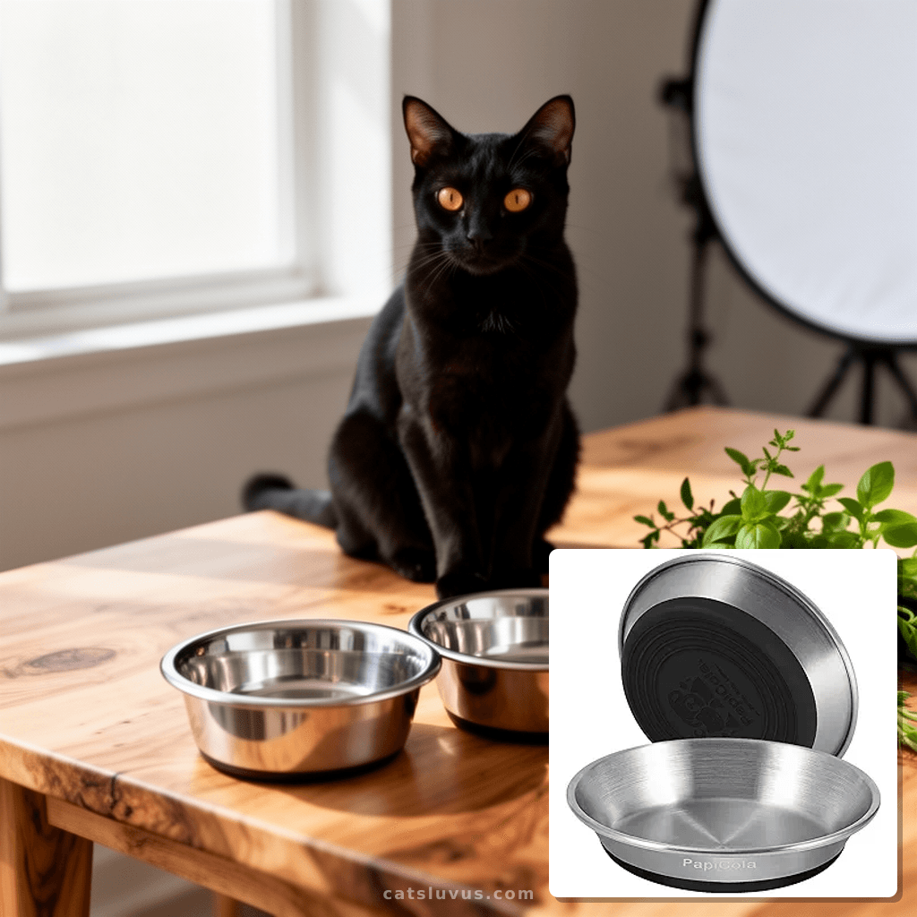 Stainless Steel Cat Bowls 2 PCS with cat - professional product lifestyle photo