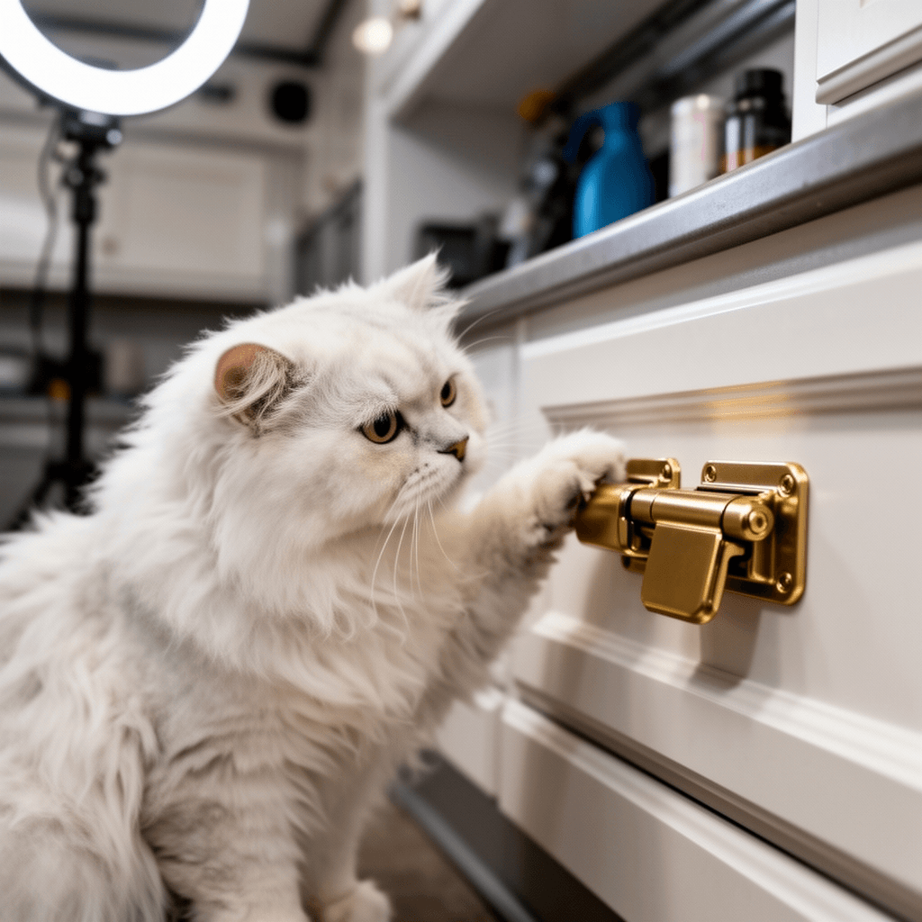 RV Cabinet latches and Catches/Drawer Latch Universal Push- with cat - professional product lifestyle photo