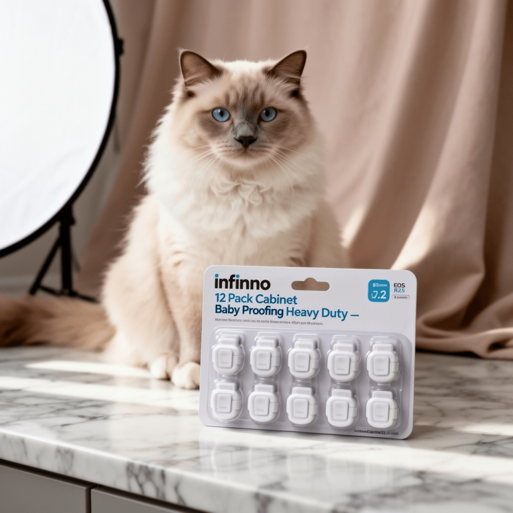 Infinno 12 Pack Cabinet Locks Baby Proofing Heavy Duty - with cat - professional product lifestyle photo