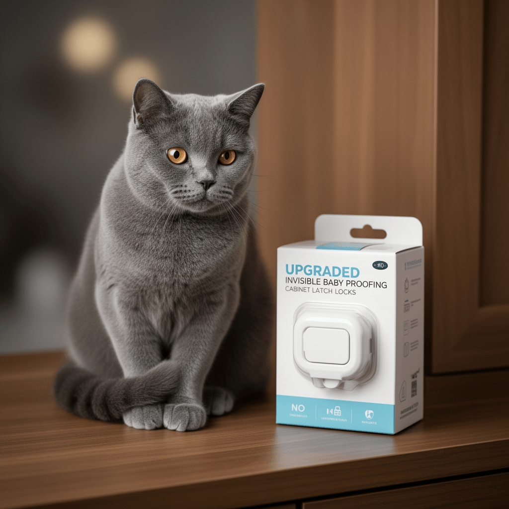 Upgraded Invisible Baby Proofing Cabinet Latch Locks - No with cat - professional product lifestyle photo