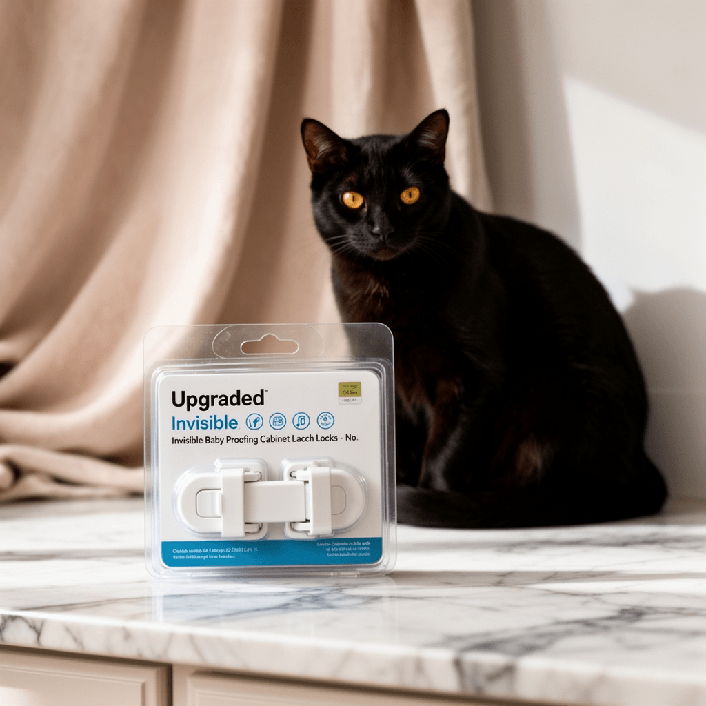 Upgraded Invisible Baby Proofing Cabinet Latch Locks - No with cat - professional product lifestyle photo
