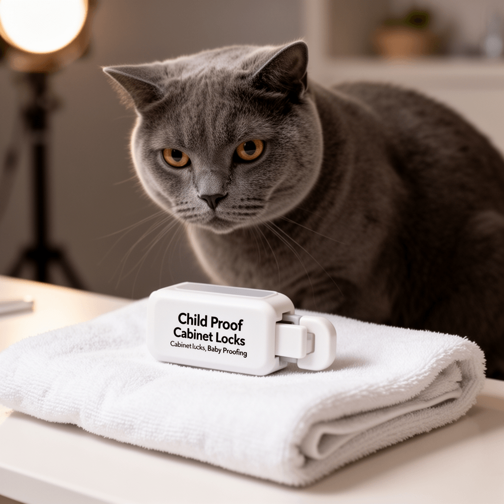 Child Proof Cabinet Locks - Cabinet Locks Baby Proofing with with cat - professional product lifestyle photo