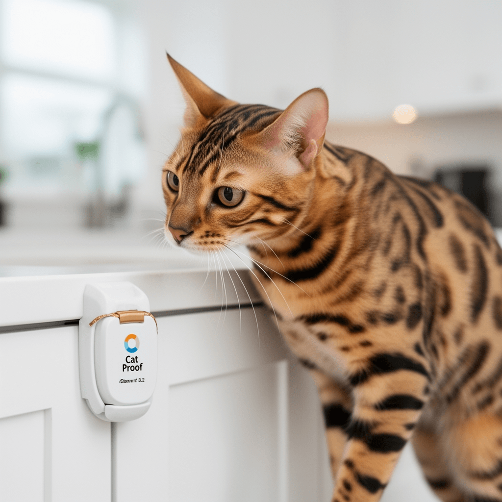 Cat Proof Cabinet Lock with cat - professional product lifestyle photo