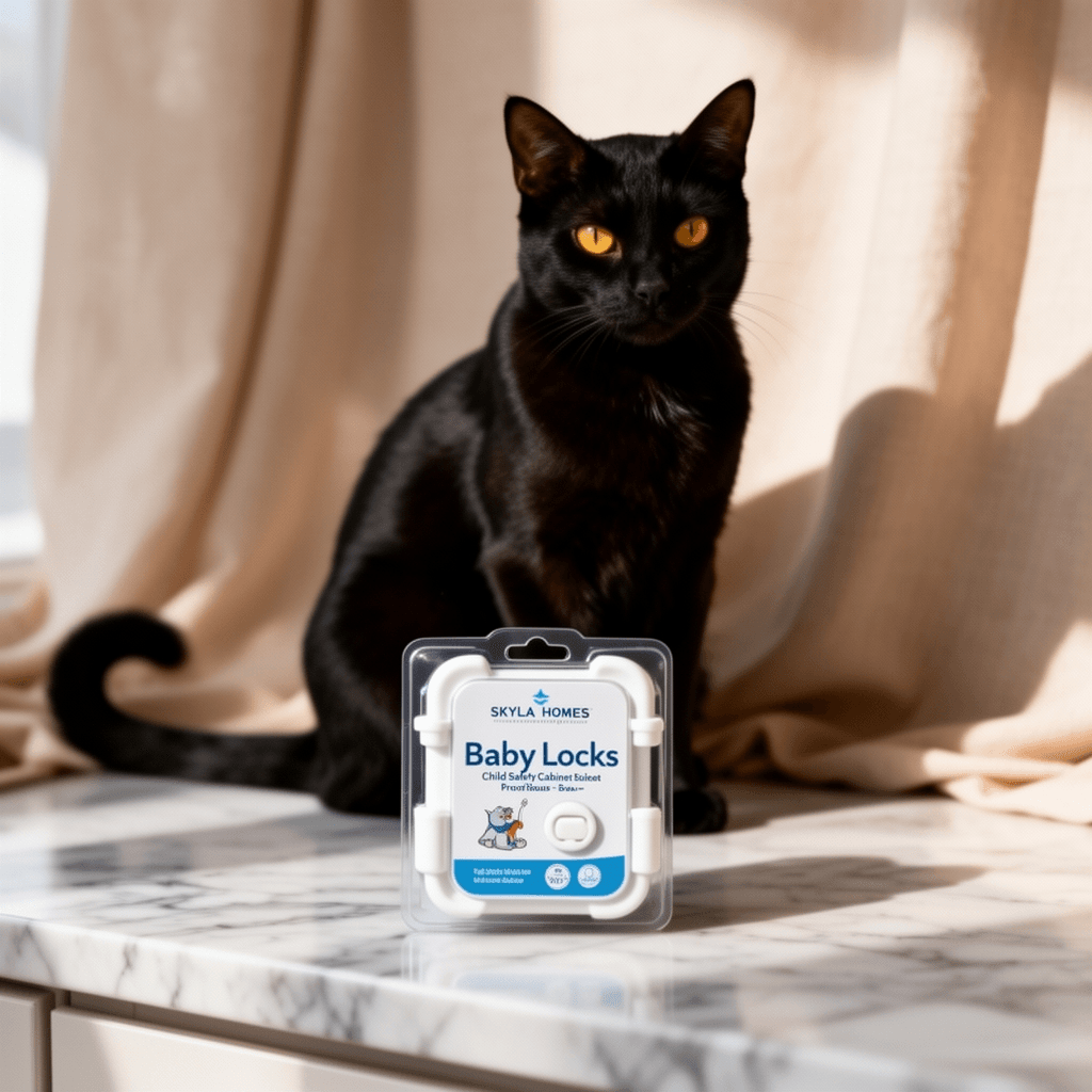 SKYLA HOMES Baby Locks Child Safety Cabinet Proofing - Safe with cat - professional product lifestyle photo
