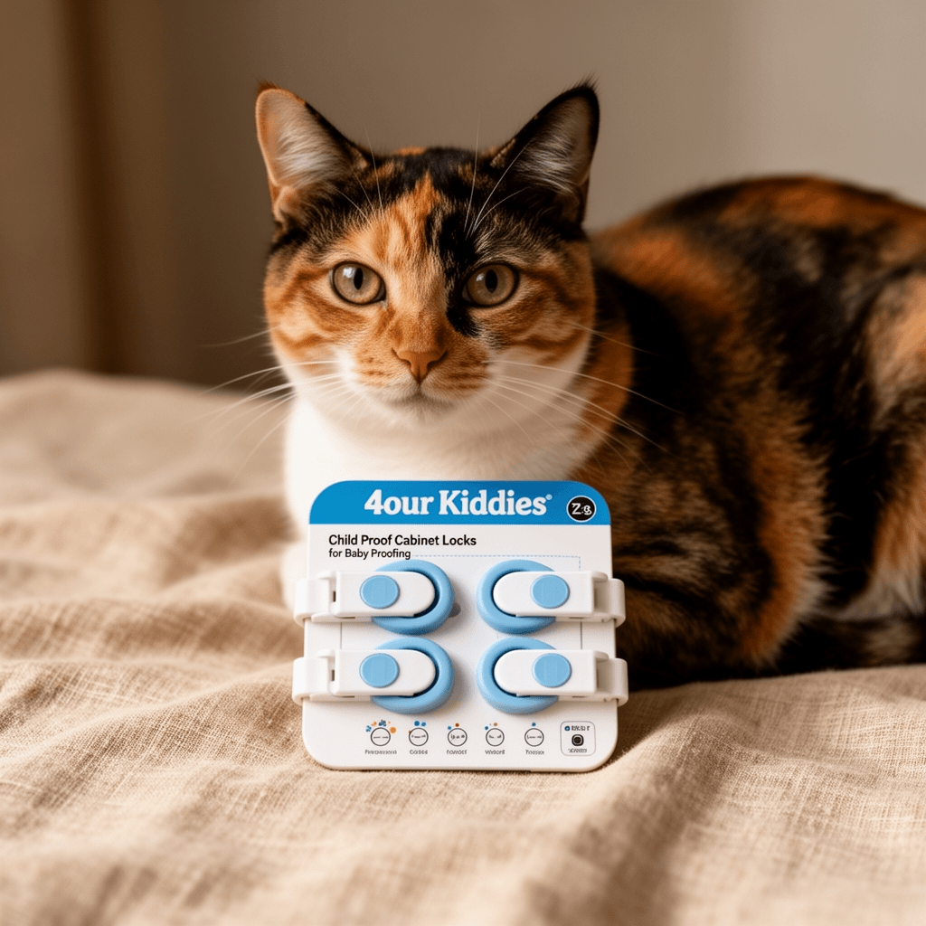 4our Kiddies Child Proof Cabinet Locks for Baby Proofing with cat - professional product lifestyle photo
