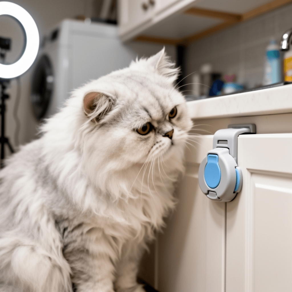 Child Safety Cabinet Locks – Hidden Child Proof Cabinet with cat - professional product lifestyle photo