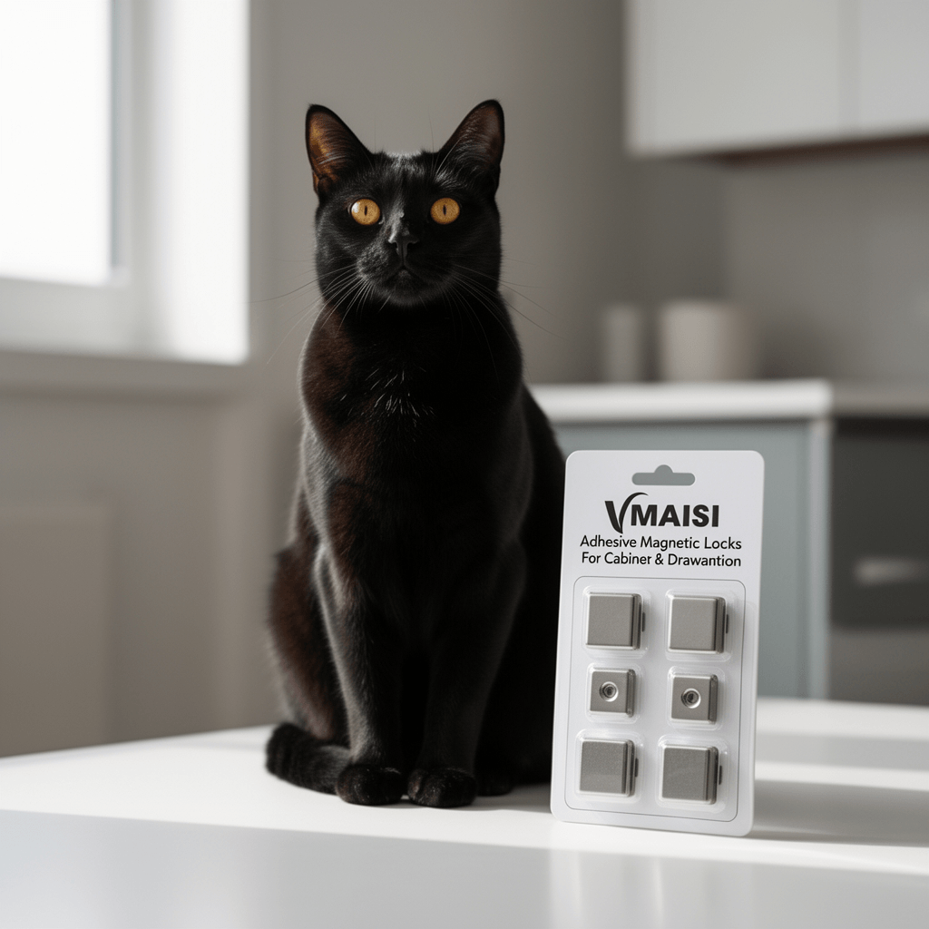 Vmaisi Adhesive Magnetic Locks for Cabinets & Drawers with cat - professional product lifestyle photo