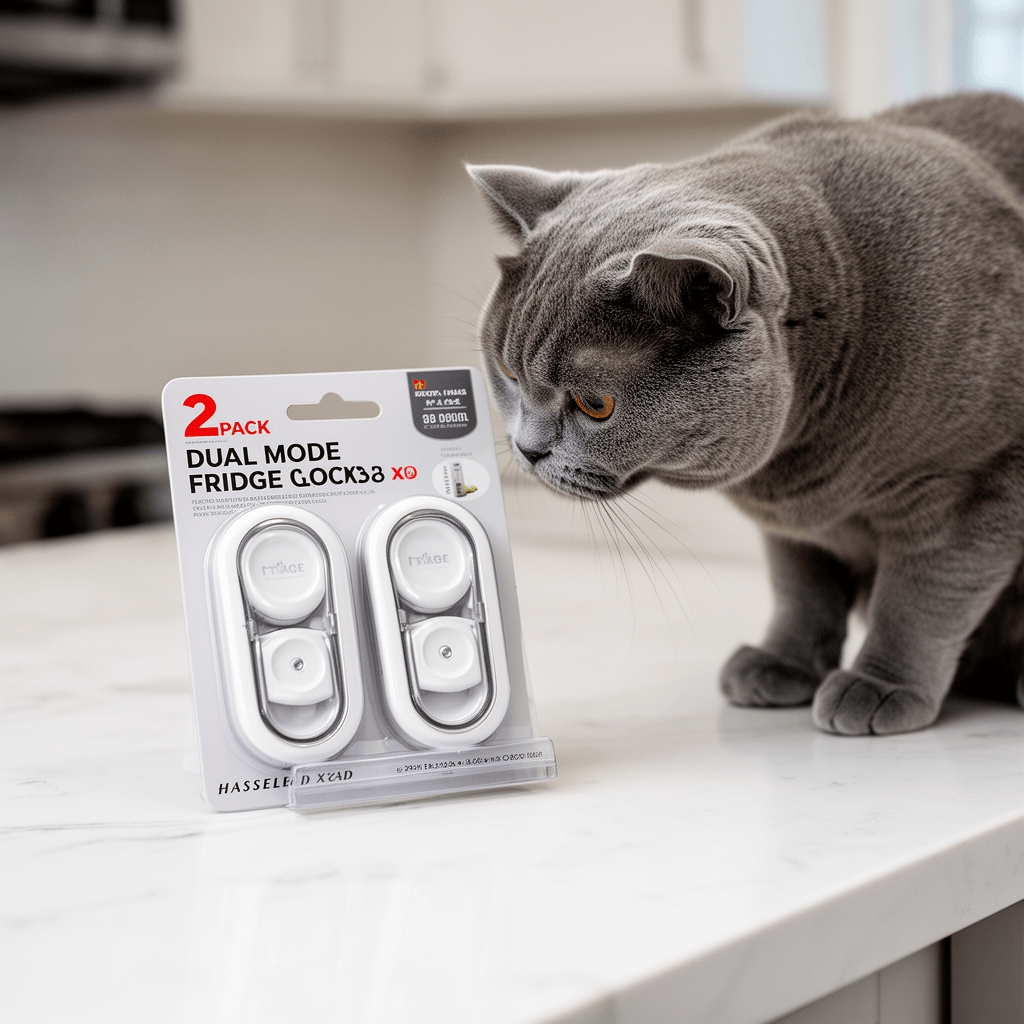 2 Pack Dual Mode Fridge Locks with cat - professional product lifestyle photo