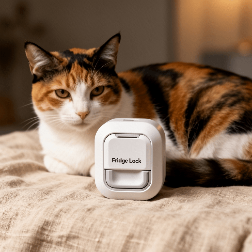 Fridge Lock with cat - professional product lifestyle photo