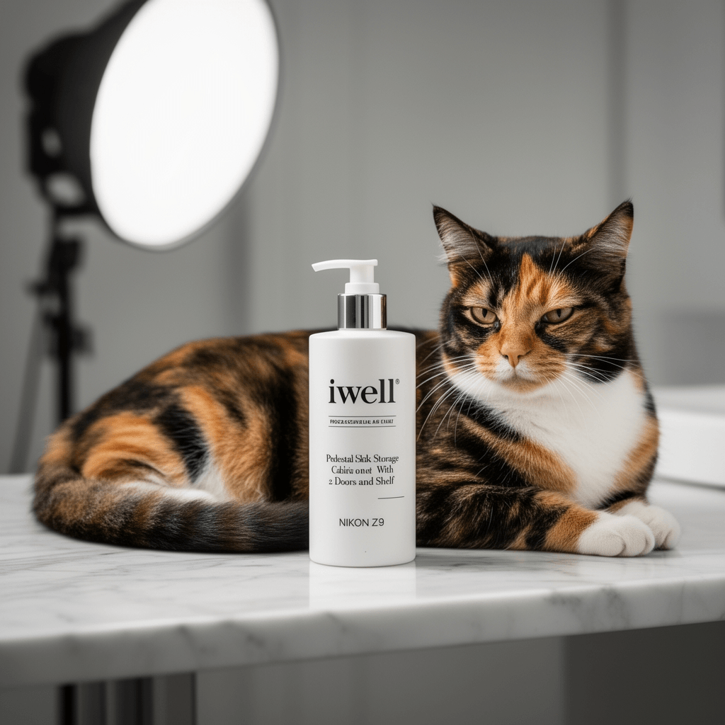 Iwell Pedestal Sink Storage Cabinet with 2 Doors and Shelf with cat - professional product lifestyle photo