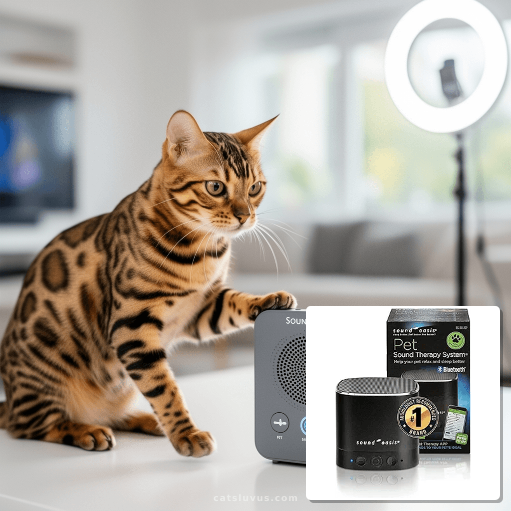 Sound Oasis Pet Bluetooth Sound Machine with cat - professional product lifestyle photo