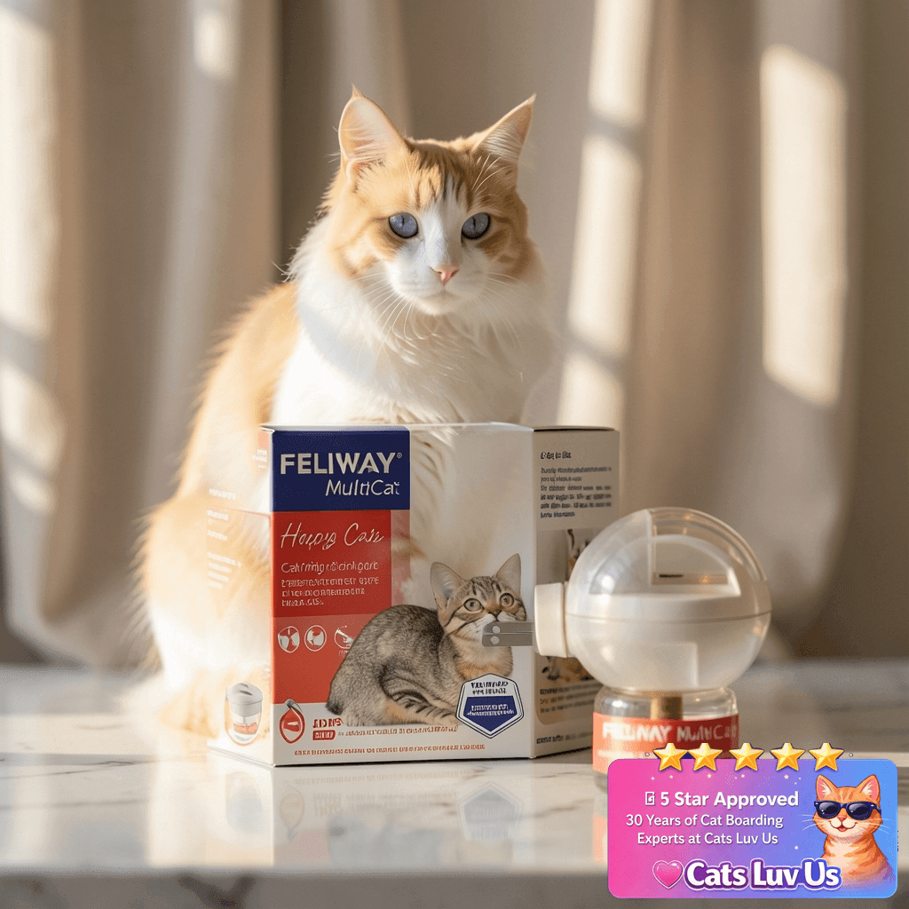 FELIWAY MultiCat 30 Day Cat Calming Plug In Pheromone with cat - professional product lifestyle photo