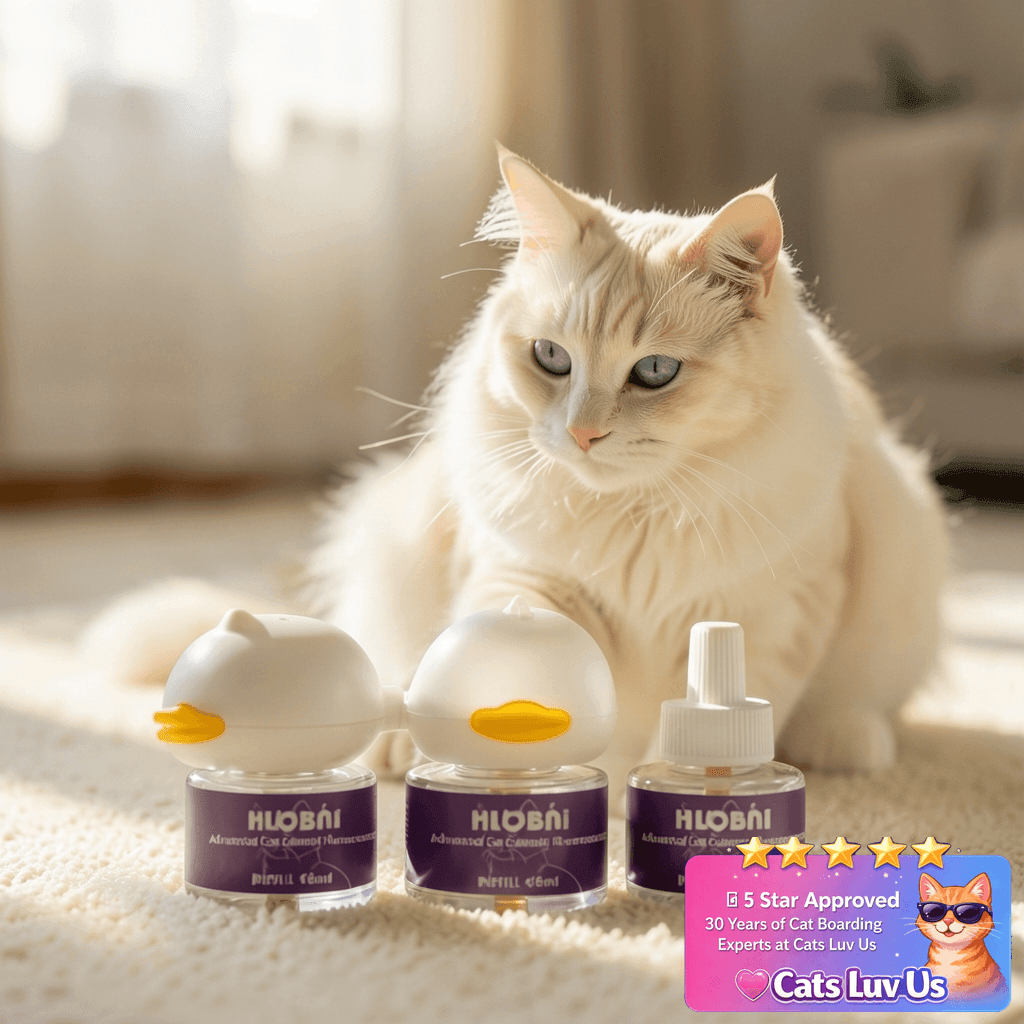HLOBNI Cat Calming Diffuser – Dual Diffuser Kit with 2 x 30- with cat - professional product lifestyle photo