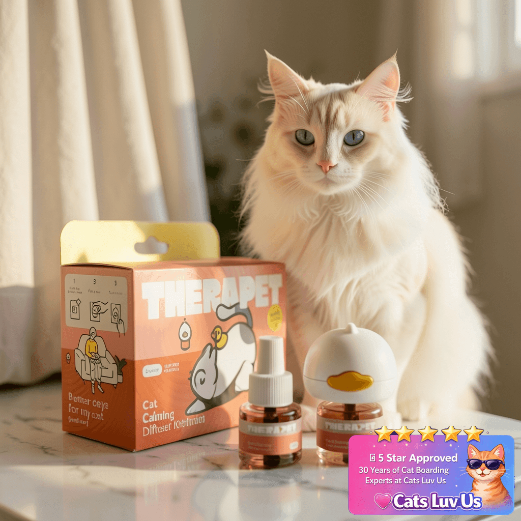 TherapetMD 60-Day Cat Calming Diffuser - Cat Pheromone with cat - professional product lifestyle photo