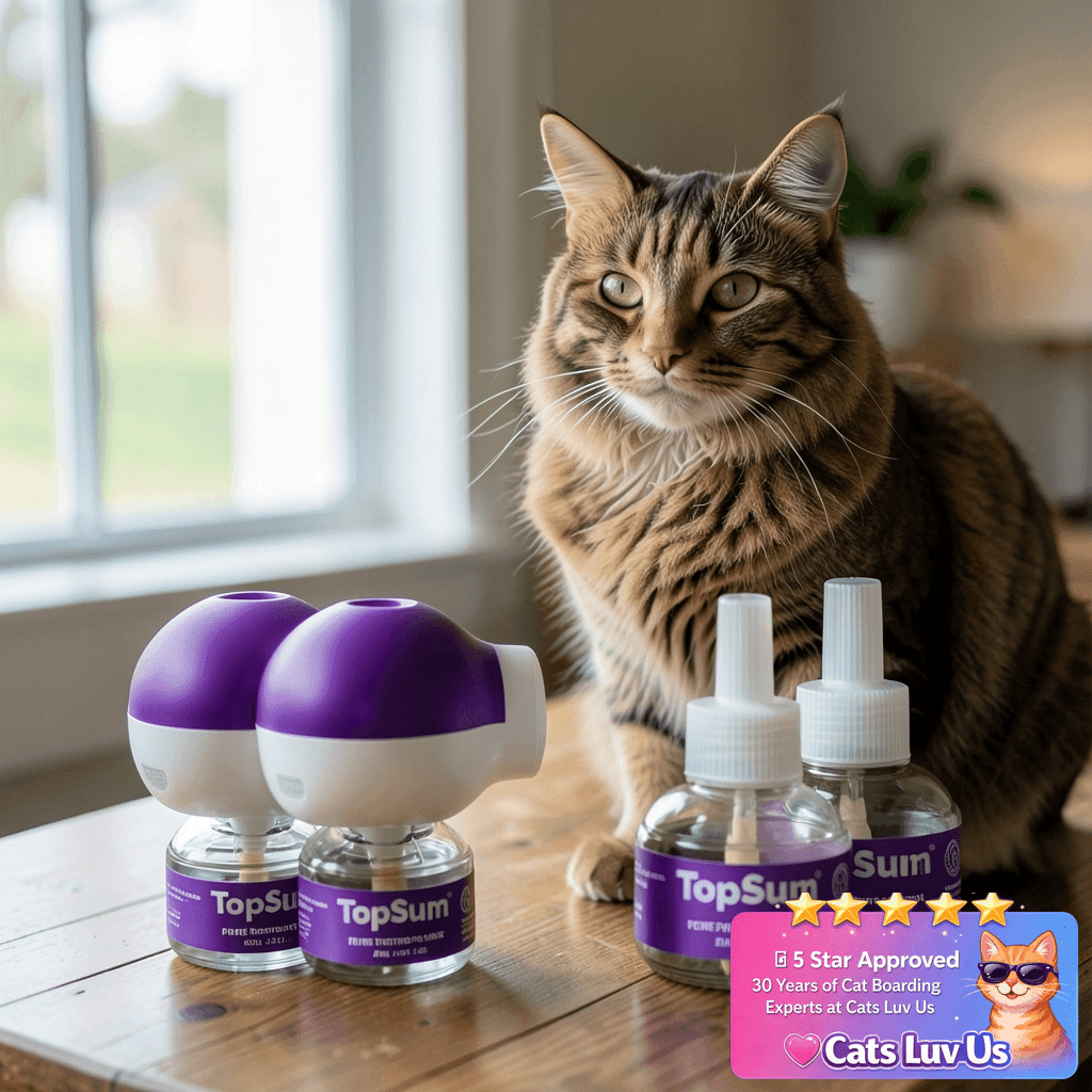 TopSum Cat Calming Pheromone Diffuser: Feline Pheromones with cat - professional product lifestyle photo