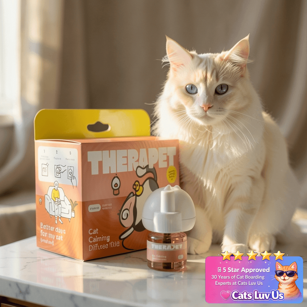 TherapetMD 60-Day Cat Calming Diffuser - Cat Pheromone with cat - professional product lifestyle photo