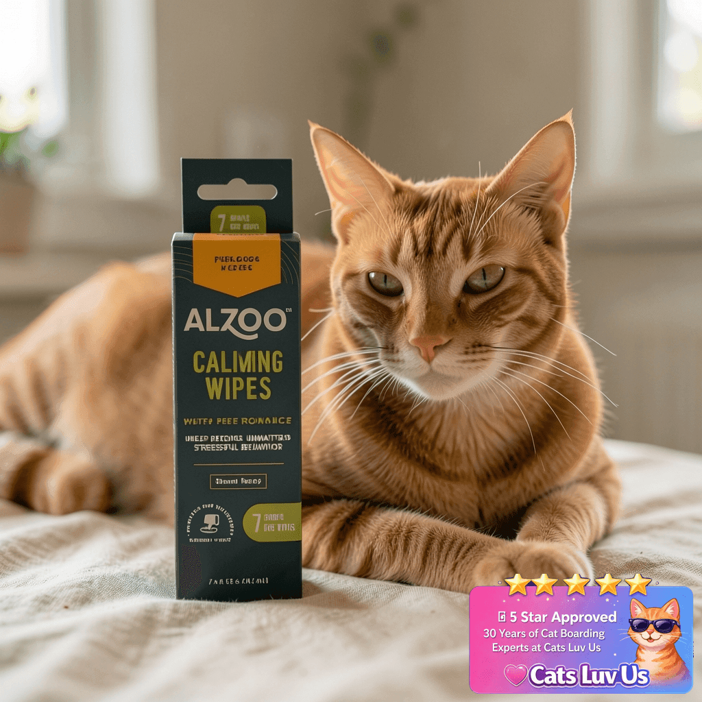 ALZOO Calming Wipes with Pheromones for Cats and Dogs with cat - professional product lifestyle photo