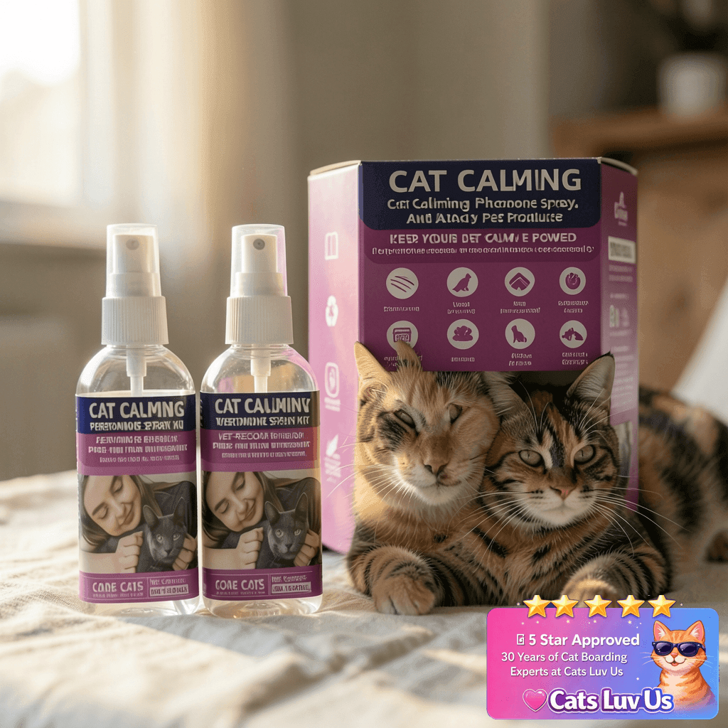 KODASNY Cat Calming Pheromone Spray Kit Feline Calm with cat - professional product lifestyle photo
