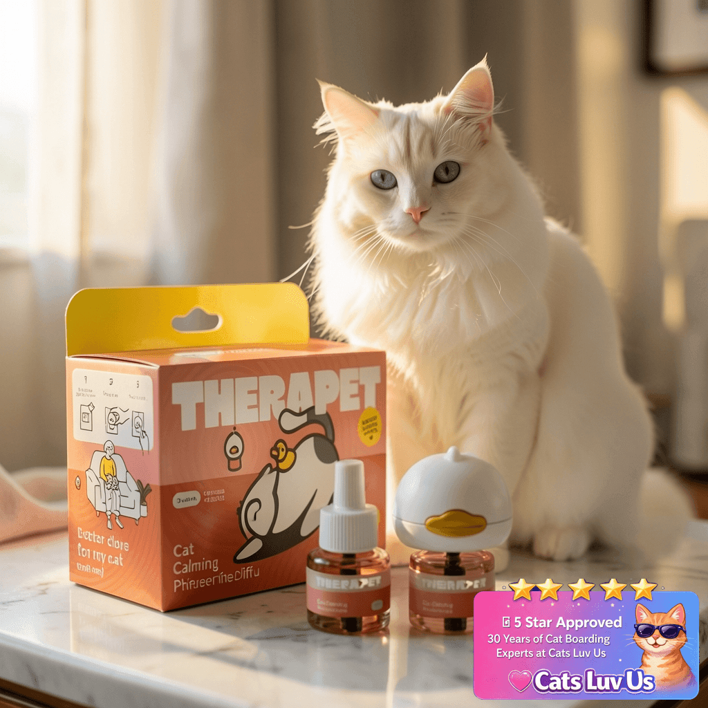 TherapetMD 60-Day Cat Calming Diffuser - Cat Pheromone with cat - professional product lifestyle photo