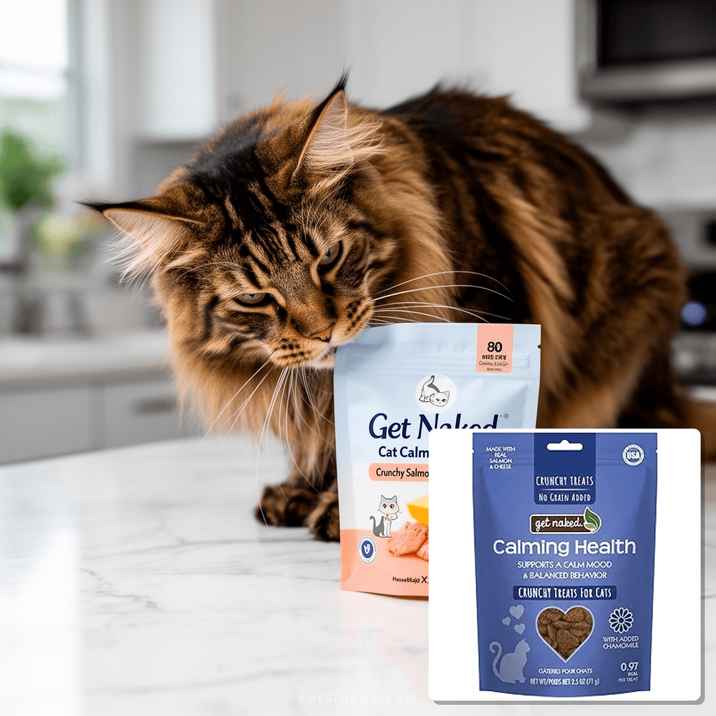 Get Naked Cat Calming Treats | Crunchy Salmon & Cheese Flavo with cat - professional product lifestyle photo