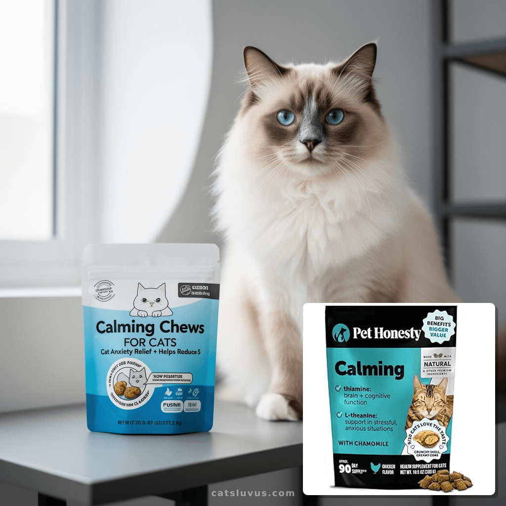 Calming Chews for Cats - Cat Anxiety Relief + Helps Reduce S with cat - professional product lifestyle photo